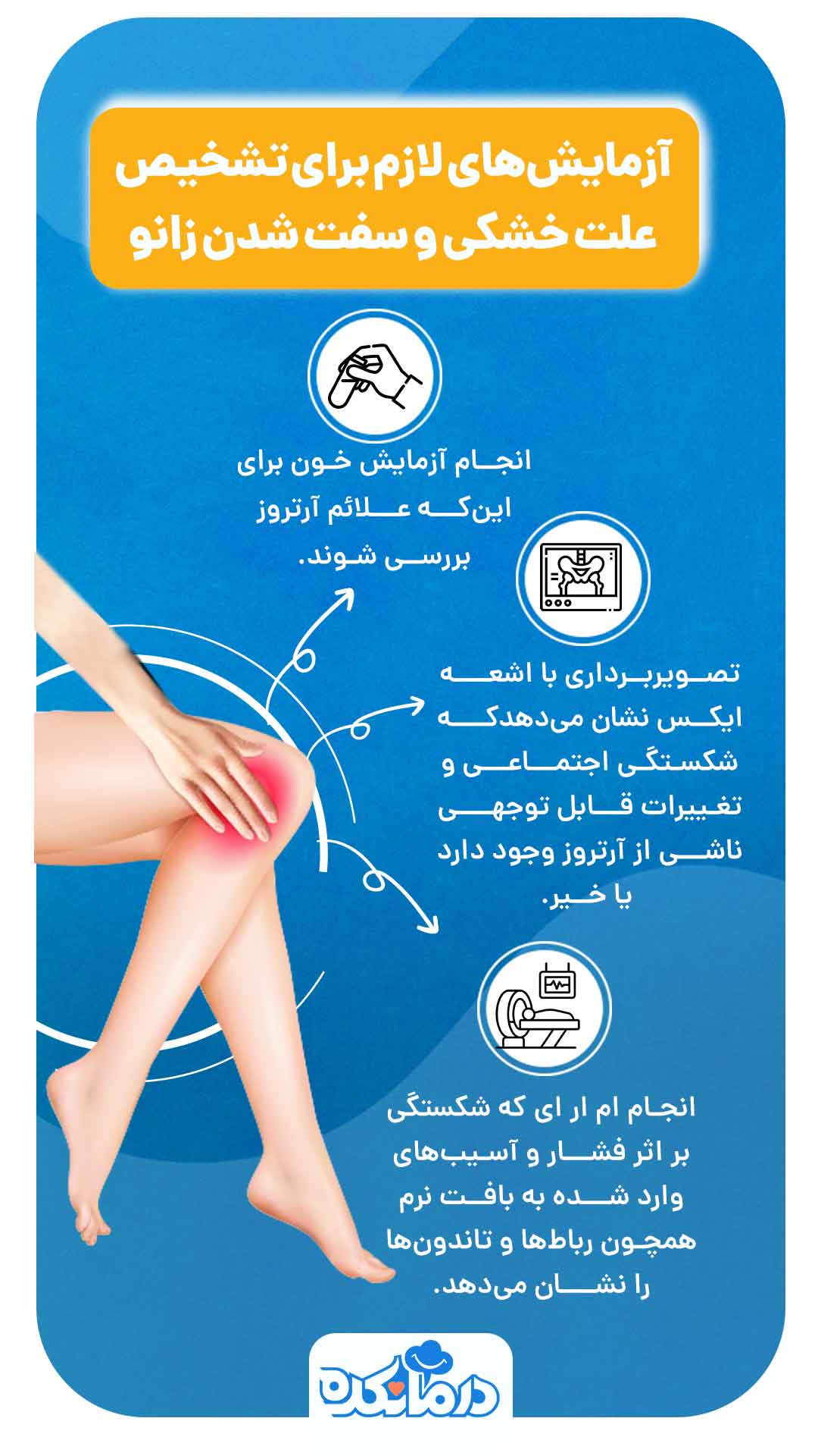 اینفوگرافی از آزمایشات لازم برای تشخیص خشکی زانو